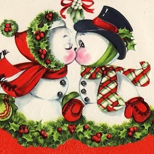 Set of TWO 4x6 Vintage Retro Christmas SNOWMAN KISSES Cotton Fabric ...