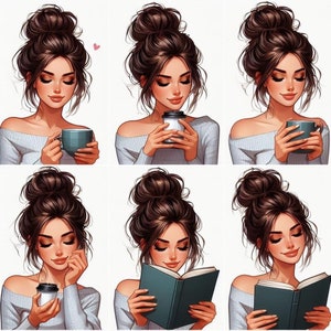 Juego hecho a mano de 6 - Libros, café y moño desordenado #1 - PEGATINAS - ¡Simplemente corte y use!