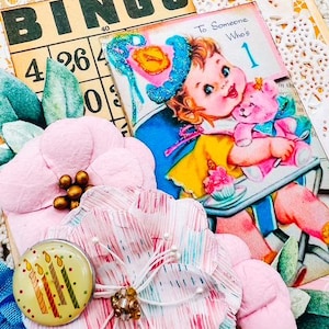 Cartão de aniversário vintage retrô feito à mão para o primeiro aniversário do bebê, rosa e azul, efêmera