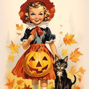 Handmade Retro Vintage Halloween Kürbis Mädchen # 3 - 7x10 Craft Quilt Baumwollstoff Block