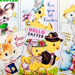 Conjunto de 9 ADESIVOS vintage retrô de coelhinhos e pintinhos da Páscoa - Basta cortar e usar!