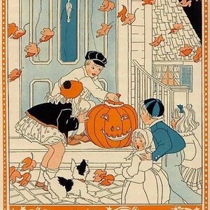 Set von ZWEI 5x7 Vintage Halloween Night Kinder Handwerk Quilt Baumwollstoff Block