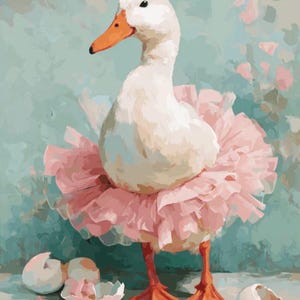 May include: A whimsical painting of a white duck wearing a pink tutu. The duck has an orange beak and feet, with a broken eggshell at its feet. The background is a soft teal with pink floral accents, creating a charming and artistic scene.