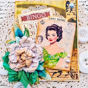 Tarjeta de felicitación efímera "Love Today" hecha a mano, con diseño vintage retro de mujer con bingo y rosas.