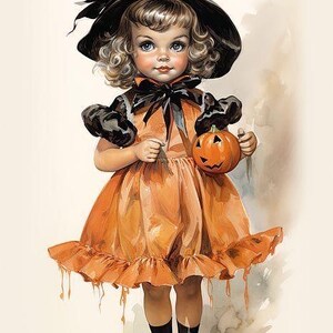 Handgemachte Retro Vintage Halloween Kürbis Mädchen # 2 - 7x10 Craft Quilt Baumwollstoff Block