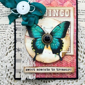 Handgemachte Vintage Shabby Chic Ephemera - Süße Momente zum Schätzen - Schmetterling & Spitze Alle Anlässe Freundschaftskarte
