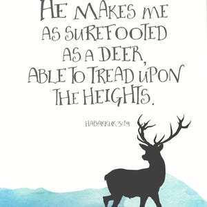 Puede incluir: Un fondo de acuarela con una silueta de un ciervo con grandes cuernos. El texto "HE MAKES ME AS SUREFOOTED AS A DEER, ABLE TO TREAD UPON THE HEIGHTS. HABAKKUK 3:19" está escrito en gris.