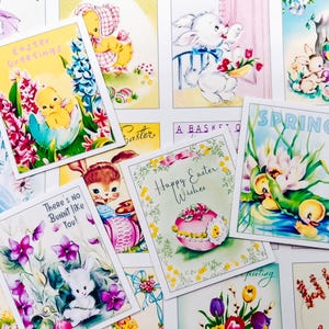 Conjunto de 16 adesivos vintage retrô de coelhinhos e pintinhos de Páscoa - basta cortar e usar!