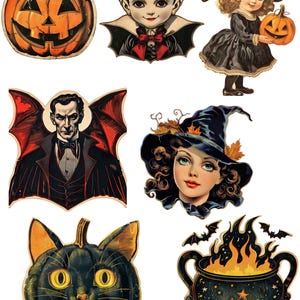 Zestaw 7 wycinanych naklejek w stylu vintage, retro, na Halloween – wystarczy wyciąć i używać!