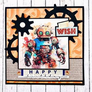 Cartão de aniversário cortado artesanal laranja e preto MAKE A WISH Robot Boy