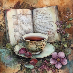 May include: A still-life painting featuring a teacup filled with tea, resting on a saucer, and placed in front of an open book. The teacup and saucer have a floral design. The scene is surrounded by flowers and leaves, with a warm, vintage aesthetic.