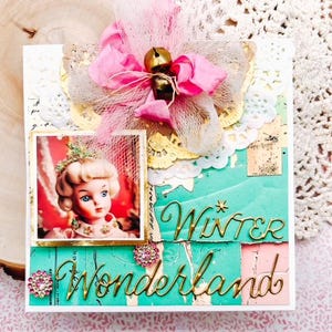 Handgemachte WINTER WONDERLAND Shabby Chic Weihnachtspuppen & Jingle Bells Grußkarte