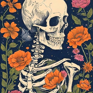 May include: An illustration featuring a human skeleton with a skull, set amidst orange, pink, and blue flowers, and butterflies against a dark blue backdrop. The artwork has a vintage, botanical, and gothic theme.