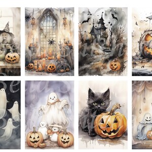 Ręcznie robiony zestaw 8 akwarelowych kolaży na Halloween nr 1 - NAKLEJKI - wystarczy wyciąć i używać!