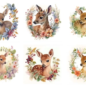 Set mit 6 Bunten Kitz Baby Rehe und Blumen Fussy Cut AUFKLEBER - Just Cut & Use!