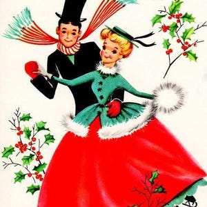 Puede incluir: Una tarjeta de Navidad vintage con una pareja patinando sobre hielo. La mujer lleva un vestido rojo y verde con ribete de piel blanca. El hombre lleva un traje negro y un sombrero de copa. La tarjeta tiene el texto "A Happy Holiday Season" en la parte superior.