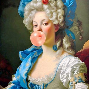 Puede incluir: Retrato de una mujer con vestuario histórico, soplando una burbuja de chicle. Viste un vestido blanco con detalles azules, un gran sombrero azul con plumas y flores, y un pendiente azul con joyas. El fondo es verde apagado.