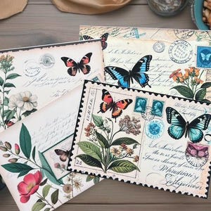 Handgemachtes Set von vier 3,5 x 5 Vintage Shabby Chic Schmetterling Blumen Ephemera Postkarten Kartenherstellung Junk Journals Scrapbooking Collagenkunst
