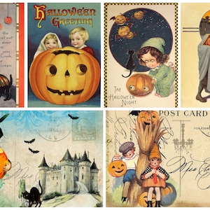 Set von Sechs 2,5x3 Zoll Vintage Retro Halloween Ephemera Bilder Baumwollstoff Blöcke