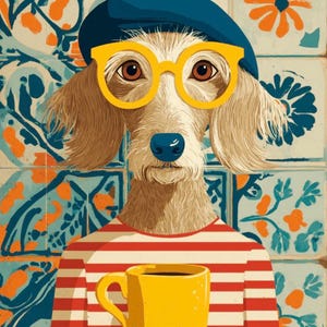 May include: Illustration of a dog wearing a blue beret and yellow glasses, with a red and white striped shirt, holding a yellow coffee mug. The background features patterned tiles in blue, orange, and white.