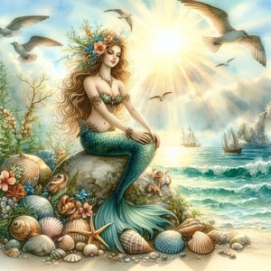 Vintage MERMAID DREAMS #1 - 8x8 Craft Sewing Cotton Fabric Block