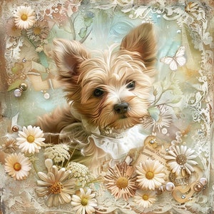 May include: A small, light brown Yorkshire Terrier puppy wearing a white lace collar with a floral background. The puppy is sitting and looking at the camera. The background is a soft, pastel color with a floral pattern.