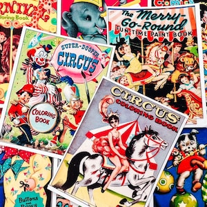Set of Nine 2.5x3 Inch Vintage Retro CIRCUS DAYS Collage Craft Cotton FABRIC Panels