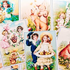 Set aus 9 Vintage Retro Osterkinder und Hasen Ephemera AUFKLEBER - Einfach ausschneiden und verwenden!