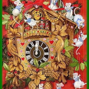 May include: A traditional wooden cuckoo clock with a detailed carving of a bird and a clock face with Roman numerals. The clock is decorated with a variety of festive elements, including a red bow, green leaves, and small white mice. The clock is set against a red background with white stripes.
