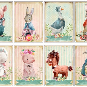 Set mit 8 Vintage Shabby Chic Baby Bauernhof Tiere AUFKLEBER - Einfach ausschneiden und benutzen!