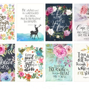May include: A set of 8 printable cards with floral designs and inspirational quotes. The quotes include verses from the Bible, such as "The Lord is my strength and my song" and "For where your treasure is, there your heart will be also."