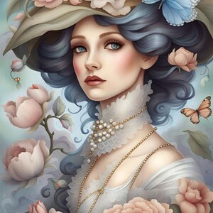 May include: A woman with blue hair and a white dress is wearing a large hat adorned with pink and white flowers and a blue butterfly. The hat is set against a background of pink and white flowers.