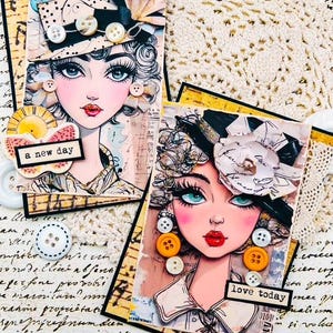 2er Set Handgemachte Ephemera Collage Ladies in Hats Freundschaftskarten