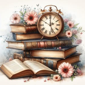 May include: A vintage-style alarm clock with Roman numerals sits atop a stack of antique books. Delicate flowers in shades of pink and white surround the books and clock.