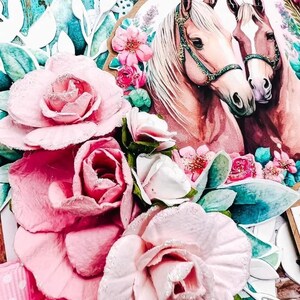 Carte d'anniversaire shabby chic faite main MAKE A WISH, roses et poneys, coupe délicate, collage