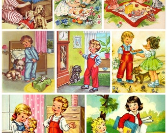 Set of Eight 2x3 Vintage Retro Kids Childhood Adventures # 1 Collage Images Cotton FABRIC Panel