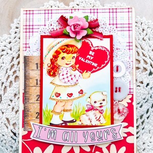 Cartão de dia dos namorados vintage retrô feito à mão BE MY VALENTINE Girl w. Puppy dos anos 50