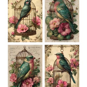 Ensemble de quatre oiseaux victoriens vintage shabby chic avec. Collage cages et roses sur un panneau de tissu en coton 8 x 10