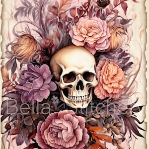 May include: A white human skull surrounded by a bouquet of pink, purple, and brown flowers. The flowers are arranged in a circular shape around the skull, and the background is a light pink.