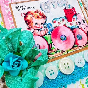 Cartão de trem vintage retrô feito à mão feliz aniversário bebê de um ano anos 50