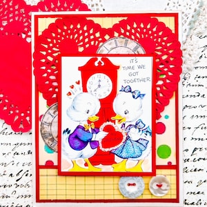 Handgemaakte vintage retro It's Time We Got Together Ducks and Hearts Valentijn, liefdeskaart