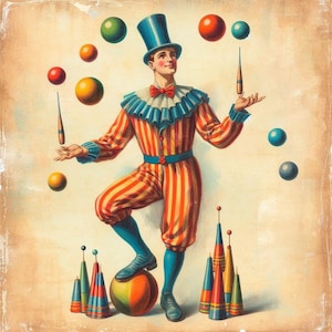 Vintage Circus Life #11 Juggling - 8x8 Cotton Quilt Crafting Fabric Block