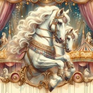 Op de afbeelding: Twee witte carrouselpaarden met gouden en met juwelen versierde tuigage zijn in de lucht geposeerd tegen een achtergrond van een fantasierijke, kleurrijke carrousel. De paarden hebben stromende witte manen en staarten.