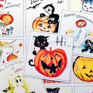 Zestaw 12 zabytkowych, kiczowatych naklejek w stylu retro na Halloween – wystarczy wyciąć i używać!
