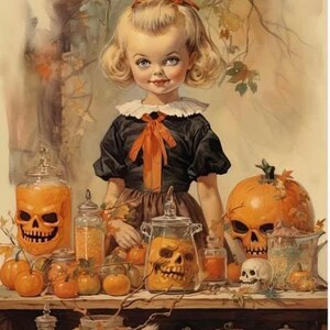 Handgemachte Retro Vintage Halloween Kürbis Mädchen # 1 - 7x10 Craft Quilt Baumwollstoff Block