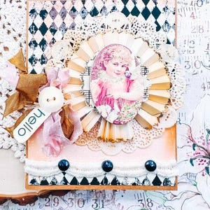 Handgemachte Vintage Shabby Chic Ephemera HELLO Cherub & Lace Rosette Freundschaftskarte