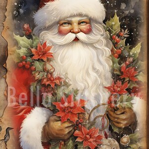 May include: Watercolor illustration of Santa Claus in a red hat and coat with white fur trim. He is surrounded by red poinsettias and green holly. The image has a vintage, aged paper background, evoking a classic Christmas theme.