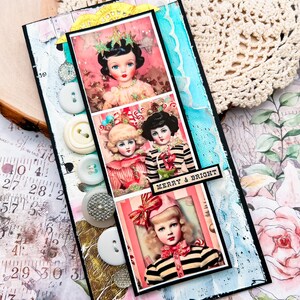 Handgemachte MERRY & BRIGHT Shabby Chic Weihnachtspuppen und Knöpfe Retro Kitsch Grußkarte