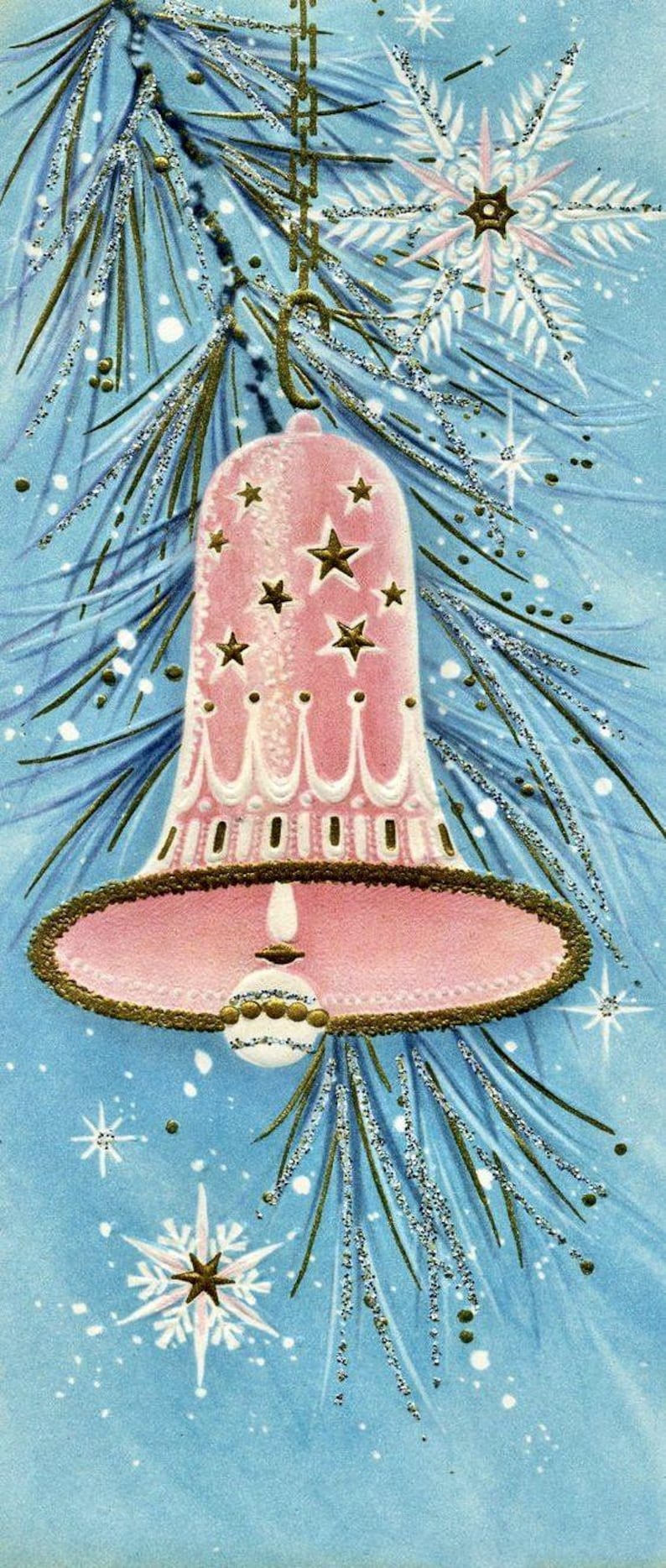 May include: A vintage Christmas card illustration featuring a pink bell ornament with gold star cutouts, hanging from a pine branch. The bell has a white and gold trim, set against a light blue background with snowflakes.