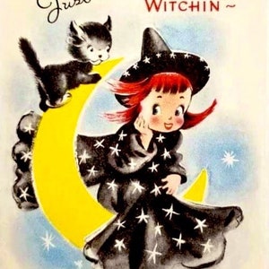 Set of TWO 5x7 Retro Vintage Halloween Witch & Black Cat Cotton FABRIC Blocks